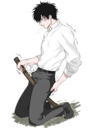 black_hair blush bulge erect_nipples_under_clothes erection erection_under_clothes full_body fully_clothed gintama grinding hands-free hands-free_masturbation hijikata_toshiro kneeling male male_only masturbating_with_weapon masturbation nipple_bulge pale-skinned_male pale_skin profile solo sweatdrop sword weapon