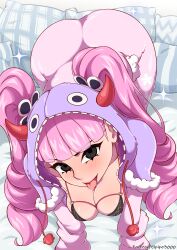 1girls all_fours artist_name ass bed big_breasts black_eyes blush bra clothed clothing color cute elpipe3000 female female_focus female_only hi_res horns large_breasts light-skinned_female light_skin long_hair looking_at_viewer on_bed one_piece patreon patreon_username perona pijama pink_hair ribbons saliva shounen_jump solo solo_female tagme thick_thighs tongue tongue_out wide_hips