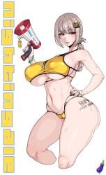 asa_(teng_zi) fate_(series) florence_nightingale_(chaldea_lifesavers)_(fate) florence_nightingale_(fate) hair_ornament large_breasts looking_at_viewer nipple_bulge nipples_visible_through_clothing red_eyes solo solo_focus swimsuit underboob voluptuous_female white_hair yellow_swimsuit