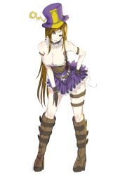 1girls 2d boots brown_hair caitlyn_kiramman clothed clothing dress female female_focus female_only hand_on_hip kumiko_(aleron) large_breasts league_of_legends leaning_forward long_hair purple_dress solid_color_background solo_female standing top_hat white_background