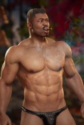 3d 3d_(artwork) 3d_model bara bara_tiddies bara_tits black_hair black_thong brown_eyes dark-skinned_male dark_skin haviksluz hunk jax_briggs male male_focus male_only manly masculine melanin mortal_kombat mortal_kombat_1_(2023) muscles muscular muscular_male netherrealm_studios outdoors outside scantily_clad skimpy_underwear smoking smoking_cigar solo solo_focus solo_male stud thong zaddy