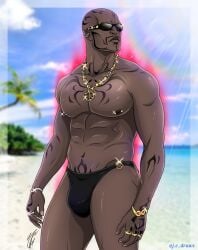 1boy abs aura barely_clothed bayonetta bayonetta_2 bayonetta_3 beach biceps big_penis bulge bulge_through_clothing dark-skinned_male dark_skin demon demon_boy demon_humanoid dick_root fit fit_male front_view humanoid jewelry magic male male_focus male_only merchant mostly_nude mostly_nude_male muscle muscles muscular muscular_male naked naked_male nipple_piercing no_humans nude nude_male nudity partially_clothed pecs pectorals pierced_nipples piercing piercings ring rings rodin_(bayonetta) sole_male solo solo_focus solo_male speedo sunglasses tagme tagme_(artist) tattoo tattoos triceps wristband wristwear