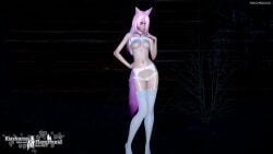 3d animal_ears animal_humanoid bra bra_lift dark_background eye_covered face_markings fox_ears fox_girl fox_tail hi_res highres kemonomimi lingerie panties pink_eyes pink_lips pink_lipstick pink_nails posing riaykura riaykuras_playground self_upload standing stockings tail white_legwear white_lingerie white_panties white_stockings