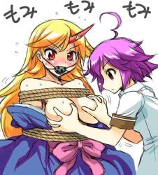 2girls ahoge aino_heart arcana_heart bad_id bad_twitter_id ball_gag blonde_hair blushing bondage bound breast_grab breasts clothing female gag gagged hoshiguma_yuugi large_breasts long_hair mono_(moiky) multiple_girls purple_eyes purple_hair red_eyes rope rope_bondage sexual_harassment small_breasts sweat sweatdrop touhou yuri