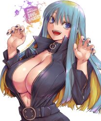 amania_orz aqua_hair belt blonde_hair blue_eyes breasts cleavage clothing copyright_name dated devil_summoner female hands_up highres large_breasts multicolored_hair nail_polish nemissa_(megami_tensei) no_bra open_mouth pale_skin purple_nails simple_background smile solo soul_hackers twitter_username two-tone_hair upper_body white_background zipper zipper_pull_tab