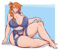 1girls bedroom_eyes big_breasts blue_eyes blue_lingerie braided_ponytail commission female half-closed_eyes light-skinned_female lingerie looking_at_viewer orange_hair roxy_(geemailbox) saucymojo solo solo_female solo_focus thick_thighs