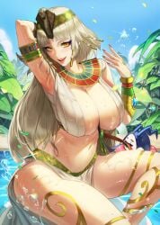 blonde_hair bracelet breasts cleopatra_(megami_tensei) cleopatra_(shin_megami_tensei) colored_sclera egyptian egyptian_clothes fangs female highres ja_mong jewelry large_breasts long_hair looking_at_viewer nail_polish navel ring shin_megami_tensei shin_megami_tensei_v smile solo usekh_collar wet yellow_eyes yellow_sclera