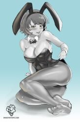 artist_logo artist_name blue_background blush bowtie breasts bunny_costume bunny_ears bunny_girl bunnygirl bunnysuit collar colored_eyes crovoic cuffs_(clothing) feet golden_eyes greyscale hips large_breasts monochrome no_panties no_panties_under_pantyhose pantyhose saiko_no_sutoka short_hair smile thick_thighs thighs tight_clothes tight_clothing tight_fit yellow_eyes yui_ichikawa_(saiko_no_sutoka)