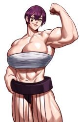 1girls abs absurd_res big_breasts breasts brown_eyes commission edna_(sulyvann24) female female_sumo flexing hi_res mawashi muscular muscular_female navel original original_character purple_hair sarashi short_hair simple_background solo sotcho sumo white_background