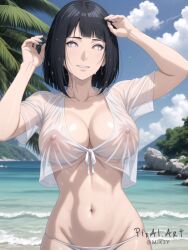 1girls ai_generated beach big_breasts black_hair boruto:_naruto_next_generations breasts clouds female hi_res highres hinata_hyuuga hyuuga_hinata milf mommy naked naruto nipples nude outdoors panties pixai see-through short_hair smile tied_shirt tropical water wet wet_shirt white_eyes white_shirt