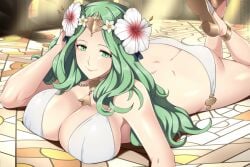 1girls alternate_costume ass ass_cleavage bikini breasts butt_crack cleavage closed_mouth female female_only fire_emblem fire_emblem:_three_houses fire_emblem_heroes flower flower_in_hair green_eyes green_hair hair_flower hair_ornament high_heels large_breasts leg_up lindaroze long_hair lying necklace nintendo official_alternate_costume on_floor on_stomach pose rhea_(fire_emblem) rhea_(summer)_(fire_emblem) sandals shoe_soles smile solo swimsuit the_pose white_bikini white_swimsuit