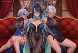 3girls blush blushing bodysuit dress exlic fingering_pussy ganyu_(genshin_impact) ganyu_(twilight_blossom)_(genshin_impact) genshin_impact glasses leggings light_blue_hair multiple_girls shenhe_(frostflower_dew)_(genshin_impact) shenhe_(genshin_impact) tagme teacher_and_student teal_lipstick touching_pussy two_tone_hair white_hair xianyun_(genshin_impact) yuri