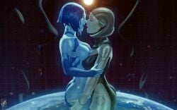 2girls ass_grab blue_hair blue_skin breasts closed_eyes colored_skin cortana crossover earth_(planet) edi edi_(mass_effect) facing_another female from_side grabbing_another's_ass groping halo_(series) highres imminent_kiss large_breasts mass_effect mass_effect_(series) multiple_girls nipples open_mouth planet profile robot_girl short_hair space themaestronoob yuri