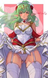 1girls alternate_costume ass_visible_through_thighs bare_shoulders bare_thighs breasts bridal_lingerie bridal_veil bride cameltoe clothes_lift commentary commission dress dress_lift english_text female female_only fire_emblem fire_emblem_awakening fire_emblem_heroes flower garter_straps green_eyes green_hair groin hair_ornament highres lifted_by_self lingerie long_hair looking_at_viewer medium_breasts nintendo official_alternate_costume open_mouth panties pointy_ears ponytail r123 rose see-through skeb_commission skindentation smile solo thank_you thick_thighs thighs tiara tiki_(adult)_(bridal)_(fire_emblem) tiki_(adult)_(fire_emblem) tiki_(fire_emblem) underwear veil wedding_dress white_dress white_panties