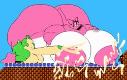 1boy 1girls birdo bow chip_at_night cum cum_on_breasts cumming fat fat_female green_yoshi hand_on_breast huge_ass huge_cock huge_nipples huge_thighs hyper hyper_ass hyper_balls hyper_breasts hyper_penis lactation looking_at_another mario_(series) nintendo obese obese_female outdoors overweight_female pixel_art super_mario_bros. super_mario_bros._2 yoshi