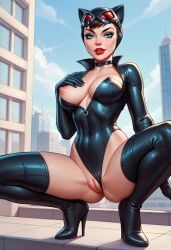 ai_generated breasts catwoman dc dc_comics female innie_pussy leather_clothing puffy_pussy robotkesh selina_kyle shaved_pussy showing_pussy solo spread_legs squatting superheroine teasing