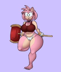 accessory amy_rose anthro big_breasts bracelet breasts camel_toe choker claws cleavage clothed clothing eulipotyphlan eyelashes female fur gloves green_eyes hair_accessory hairband hammer handwear head_tuft hedgehog hi_res holding_hammer holding_object holding_tool holding_weapon jewelry mammal navel necklace on_one_leg open_mouth open_smile panties pink_body pink_fur purple_background red_clothing red_topwear satsuki_supreme sega sharp_claws simple_background smile solo sonic_(series) sonic_the_hedgehog_(series) standing tan_body tan_fur thick_thighs tools topwear tuft underwear weapon white_clothing white_gloves white_handwear white_panties white_underwear wide_hips