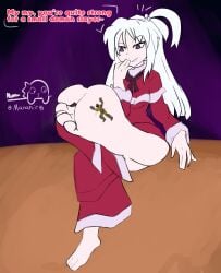 1boy1girl barefoot crossover domination doom doom_slayer_(doom) feet foot_focus giant giantess hand_to_own_mouth macro shinki shinki_(touhou) smiling soles stuck_to_foot teasing toes touhou touhou_(pc-98) white_hair