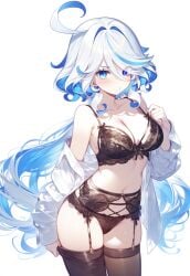 ai_generated belly_button big_breasts blue_eyes blue_hair bra embarrassed embarrassed_female furina_(genshin_impact) garter_belt garter_straps genshin_impact hoyoverse lingerie lingerie_only long_hair looking_at_viewer open_shirt panties setsuaiart shirt_down short_hair slim_waist solo solo_female stockings thigh_highs thighhighs two_tone_hair white_hair