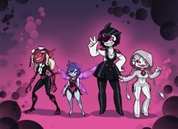 4girls ben_10 black_hair blue_skin chaquetrix ditto_(ben_10) dress echo_echo eltefo23 headphones hood jury_rigg legs looking_at_viewer pesky_dust pink_eyes red_skin smile white_skin wings