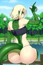 1girls back bikini blonde_hair butt female hair lindaroze liz_(monster_musume) lizardman looking_at_viewer looking_back monster_girl monster_musume_no_iru_nichijou scales small_breasts tail thong