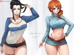 1girls bare_legs bare_thighs black_hair blue_eyes blush clothed clothing color english_text female female_focus female_only hi_res light-skinned_female light_skin long_hair nami nami_(one_piece) nico_robin one_piece orange_eyes orange_hair post-timeskip ribbon shinjinou shounen_jump solo solo_female tagme text thick_thighs