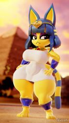 1girls animal_crossing ankha big_breasts blue_hair cat_ears cat_tail eyelashes eyeshadow female female_only hands_on_hips large_breasts looking_at_viewer nintendo panties shortstack solo solo_female solo_focus tahlian thighs wide_hips yellow_body yellow_fur yellow_skin