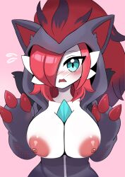 anthro biyontran blue_eyes blush breasts clothed clothing dusk_(psyke) female gardevoir generation_3_pokemon generation_5_pokemon hair hi_res hoodie hoodie_only humanoid hybrid nintendo onesie panicking pokemon pokemon_(cosplay) pokemon_(species) raised_arms red_hair solo topwear topwear_only wardrobe zoroark zoroark_(cosplay)