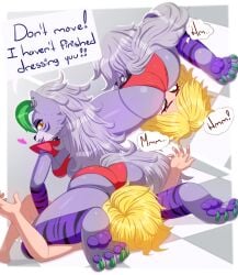 2023 absurd_res animatronic anthro blonde_hair blush bra canid canine canis choker clothing duo english_text facesitting female female/female five_nights_at_freddy's five_nights_at_freddy's:_security_breach fur green_eyes green_toenails hair heart hi_res human jewelry lipstick long_hair machine makeup mammal necklace panties pinned pinned_to_ground purple_body purple_fur purple_lipstick robot roxanne_wolf_(fnaf) scottgames sitting_on_another spiked_choker steel_wool_studios text underwear vanessa_(fnaf) wolf yellow_eyes zexlynk