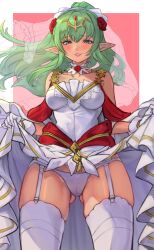 1girls alternate_costume ass_visible_through_thighs bare_shoulders bare_thighs breasts bridal_lingerie bridal_veil bride cameltoe clothes_lift commission dress dress_lift english_commentary female female_only fire_emblem fire_emblem_awakening fire_emblem_heroes flower garter_straps green_eyes green_hair groin hair_ornament highres lifted_by_self lingerie long_hair looking_at_viewer medium_breasts nintendo official_alternate_costume open_mouth panties pointy_ears ponytail r123 rose see-through skeb_commission skindentation smile solo thick_thighs thighs tiara tiki_(adult)_(bridal)_(fire_emblem) tiki_(adult)_(fire_emblem) tiki_(fire_emblem) underwear veil wedding_dress white_dress white_panties