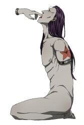 earrings finger_in_mouth gay hunter_x_hunter long_hair male male_only naked no_eyebrows on_knees pale-skinned_male pale_skin purple_hair shoot_mcmahon sitting star yaoi