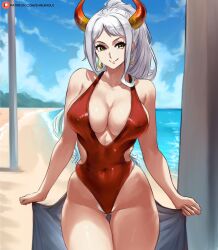 1girls bare_arms bare_legs bare_shoulders bare_thighs big_breasts clothed clothing color female female_only hi_res horns jewelry large_breasts light-skinned_female light_skin long_hair nipples_visible_through_clothing one-piece_swimsuit one_piece shinjinou shounen_jump solo solo_female tagme thick_thighs white_hair yamato_(one_piece) yellow_eyes