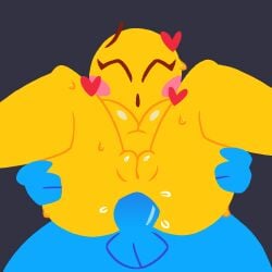 2d_(artwork) anal anal_penetration anal_sex bald bald_female bald_woman big_ass big_boobs big_breasts big_penis blue_penis blue_skin blushing emoji emoji_(race) eyes_closed grabbing grabbing_from_behind heart jjoyplus lifting no_outlines sweatdrop sweating yellow_skin