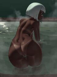 1girls big_breasts completely_nude completely_nude_female dark-skinned_female dark_skin female female_focus female_only kouy looking_at_viewer looking_back original original_character red_eyes tan_body tan_skin tanline tanlines white_hair