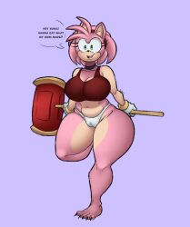 accessory amy_rose anthro big_breasts bracelet breasts camel_toe choker claws cleavage clothed clothing dialogue eulipotyphlan eyelashes female fur gloves green_eyes hair_accessory hairband hammer handwear head_tuft hedgehog hi_res holding_hammer holding_object holding_tool holding_weapon jewelry mammal navel necklace on_one_leg open_mouth open_smile panties pink_body pink_fur purple_background red_clothing red_topwear satsuki_supreme sega sharp_claws simple_background smile solo sonic_(series) sonic_the_hedgehog_(series) speech_bubble standing talking_to_viewer tan_body tan_fur text thick_thighs tools topwear tuft underwear weapon white_clothing white_gloves white_handwear white_panties white_underwear wide_hips