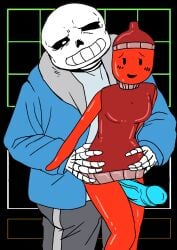 1boy 1girls 2d ai_generated anonymous_artist blush breasts female hoodie humanoid ketchup ketchup_chan male monster_girl original penis penis_between_legs sans sans_(undertale) tagme thighs undertale undertale_(series) white_shirt