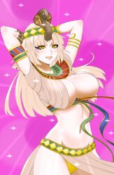 armlet armpits arms_behind_head breasts cleavage cleopatra_(megami_tensei) egyptian_clothes female female_focus highres large_breasts light_brown_hair long_hair looking_at_viewer midriff navel panties parted_lips shin_megami_tensei shin_megami_tensei_v smile solo underwear viperxtr yellow_eyes yellow_panties