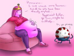 1boy 1girls adventure_time big_belly bleedingstalker couch digestion fat_belly female female_pred hand_on_belly hoodie implied_vore pants peppermint_butler pink_body pink_hair post_vore princess_bubblegum purple_pants vore