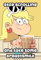 2d big_breasts blonde_hair breast_milk choccy_milk chocolate_milk edited kowaworks02 leni_loud long_hair looking_at_viewer milo_(drink) nestle nickelodeon nipples quieres? shitpost the_loud_house tits_out wholesome