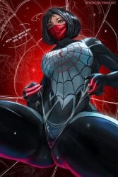 1girls ass ass big_breasts bikini_bottom black_eyes black_hair cindy_moon clothed clothing color english_text female female_focus female_only hi_res large_breasts light-skinned_female light_skin looking_at_viewer looking_down marvel marvel_comics mask short_hair silk_(marvel) solo solo_female spider-man_(series) tagme text text_bubble thick_thighs tonyraart