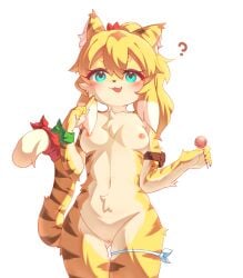 anthro areola blush breasts felid female fur genitals green_eyes hair hi_res lalamedli looking_at_viewer mammal mia_(world_flipper) nipples nude pantherine pussy simple_background smile solo stripes tiger white_background white_body world_flipper yellow_body yellow_fur