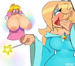 2girls :3 breast_expansion breasts breasts_bigger_than_head duo female female_only gigantic_breasts involuntary_expansion magic mario_(series) medium_breasts nintendo parowy princess_peach princess_rosalina tagme