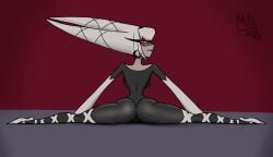 ballet_boots carmilla_carmine demon demon_girl earrings fully_clothed hazbin_hotel huge_breasts looking_at_viewer malart red_eyes skin_tight splits stockings tagme thighs tight_clothing