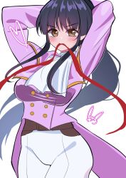 1girls adjusting_hair arms_behind_head big_breasts blue_hair blush breasts brown_eyes busty confident female female_only heart highres large_breasts legs mouth_hold pants ponytail pose posing ribbon sakura_shinguji sakura_wars sega smile solo thick_thighs thighs uniform