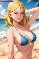 1girls adapted_costume ai_generated beach big_breasts bikini bikini_top blonde_hair boruto:_naruto_next_generations breasts cleavage delta_(boruto) eyeshadow facial_mark female female_only forehead_mark grin light-skinned_female light_skin lipstick long_hair looking_at_viewer makeup messy messy_hair midriff nai_diffusion naruto naruto_(series) naughty naughty_face naughty_smile ocean outdoors patreon_username pink_eyes sand seaside smile solo solo_focus stable_diffusion sweat sweatdrop temptart text upper_body url water web_address