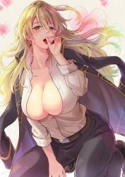 aburi_rare big_breasts blonde_hair blush canon_genderswap cleavage fellatio_gesture female female_only genderswap_(mtf) gintama jacket_on_shoulders kneeling kondou_goriko kondou_isao long_hair looking_at_viewer no_bra open_mouth open_shirt police_officer police_uniform policewoman popped_collar rule_63 shinsengumi_(gintama) sleeves_rolled_up solo tongue_out yellow_eyes