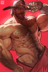 1boy abs absurdres adjusting_clothes adjusting_headwear bara beard brown_eyes brown_hair bulge cigar cole_cassidy covering_privates cowboy_hat facial_hair hat highres large_pectorals male_focus mature_male mechanical_arms muscular muscular_male navel navel_hair nipples nude_cover overwatch overwatch_2 pectorals penis penis_peek short_hair sideburns single_mechanical_arm smoking solo stomach sweat thick_arm_hair thick_beard thick_chest_hair thick_mustache thick_navel_hair thick_thighs thighs topless_male very_hairy waympo