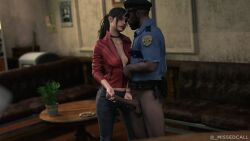 1girls 3d blue_eyes brown_hair claire_redfield dark-skinned_male dark_skin handjob interracial light-skinned_female marvin_branagh missed_call resident_evil stroking_penis two-handed_handjob