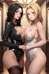 2girls ai_generated alternate_costume artist_name asymmetrical_docking bare_breasts bare_thighs black_hair blonde_hair breast_docking breast_press breasts_out breasts_out_of_clothes brown_eyes docking female female/female female_only hallway huge_breasts kurenai_yuhi legwear leotard light-skinned_female light_skin looking_at_viewer mature mature_female mature_woman milf multiple_girls nai_diffusion naruto naruto:_the_last naruto_(classic) naruto_(series) naruto_shippuden open_clothes patreon_username red_eyes revealing_clothes skimpy skimpy_clothes smile stable_diffusion stockings take_your_pick temptart thick_thighs thighs tsunade url voluptuous voluptuous_female watermark web_address wide_hips yuri