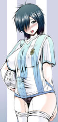 1futa aqua_hair argentina ball blush breasts bulge buruma cameltail futa_only futanari green_eyes hair_over_one_eyes intersex large_breasts latin_america light-skinned_futanari light_skin national_personification penis precum red-rum soccer soccer_ball solo solo_futa sweat thighhighs